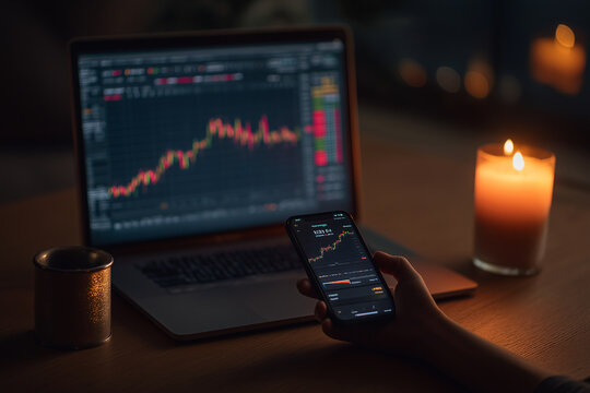 Market Halt Alert On Phone With Laptop Crash Chart During Power Outage, UPS Light And Candle On Desk, Calm Hands, Risk Management, Crisis Trading