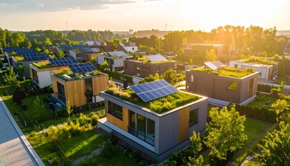 Obraz premium Aerial view showcases modern houses with solar panels and green roofs in a suburban setting
