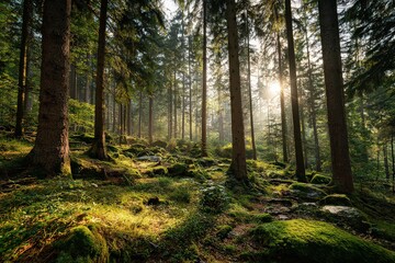 Naklejka premium Sunlit Forest Landscape with Tall Trees and Green Undergrowth in Golden Light