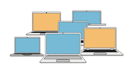 Multiple Laptops with Blue and Orange Screens Illustration.