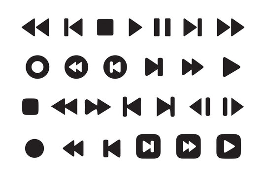 Black Media Player Icons Set &ndash; Play, Pause, Stop, Rewind, and Forward Buttons Collection