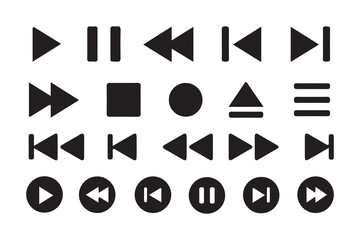 Black Media Player Icons Set – Play, Pause, Stop, Rewind, and Forward Buttons Collection
