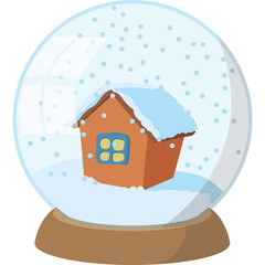 Winter Scene Snow Globe with Small Orange House and Snowy Window Inside a Glass Sphere