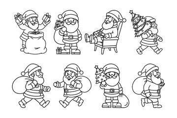 Collection of Santa Claus characters in line art style. Black and white Christmas icons perfect for coloring pages, patterns, and design elements.