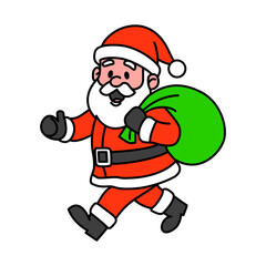Cartoon Santa Claus running with a sack of presents. Fun holiday character for Christmas greeting cards, posters, and digital projects.
