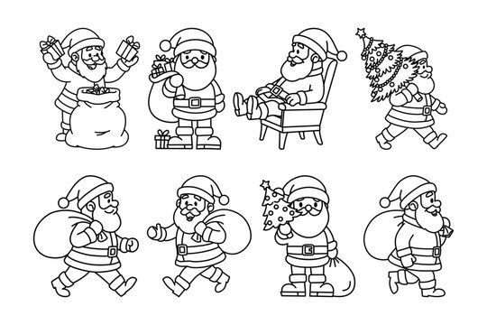 Collection of Santa Claus characters in line art style. Black and white Christmas icons perfect for coloring pages, patterns, and design elements.