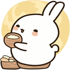 Cute White Bunny Making Rice Cakes Under the Full Moon, Adorable Cartoon Illustration for Mid-Autumn Festival and Chuseok Celebration Design