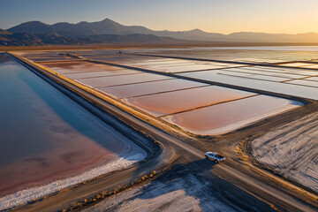 Fototapeta premium Oblique Drone Of Lithium Brine Facility At Golden Hour, Long Dikes And Luminous Ponds, Ranger Pickup At Junction, Permit Signpost, Basin And Range Ridges In Haze, Industrial Landscape