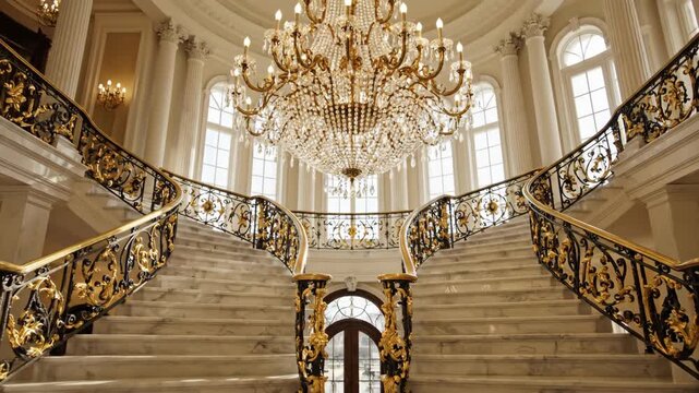 Elegant marble staircase with ornate golden railings and sunlight