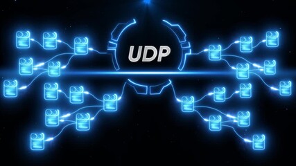 U D P network data packets flowing through abstract digital connections and nodes with glowing - Powered by Adobe
