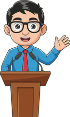 Cartoon speaker at podium, public speaking illustration, confident presenter, leadership concept, communication skills, business talk, seminar, microphone, glasses, tie