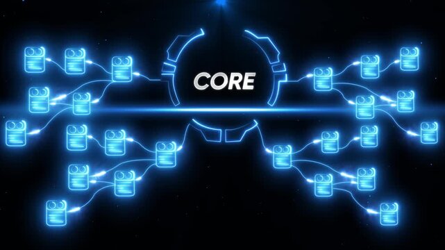 Digital network core connecting nodes data flow abstract technology concept glowing blue lines on - Powered by Adobe