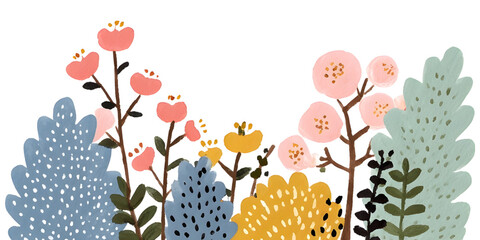 A charming illust n of colorful whimsical flowers and plants blooming against a white background
