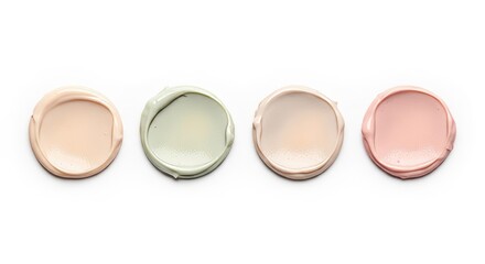 Swatches of various cosmetic cream textures on white surface. Beauty product sample for skin care and makeup presentation.