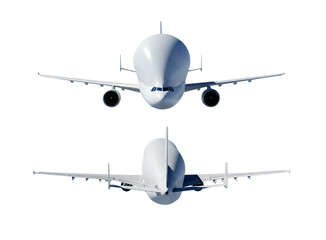 White cargo airplane Airbus Beluga A300-600ST Super Transporter front and back view angle isolated on a transparent background