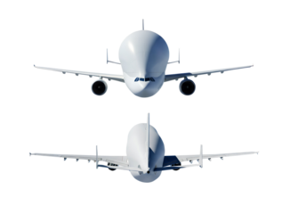 White cargo airplane Airbus Beluga A300-600ST Super Transporter front and back view angle isolated on a transparent background