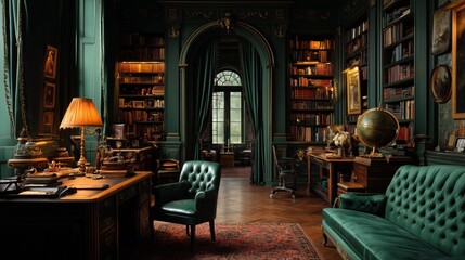 Luxurious Dark Academia Library with Vintage Furniture