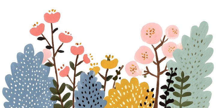 A charming illust n of colorful whimsical flowers and plants blooming against a white background