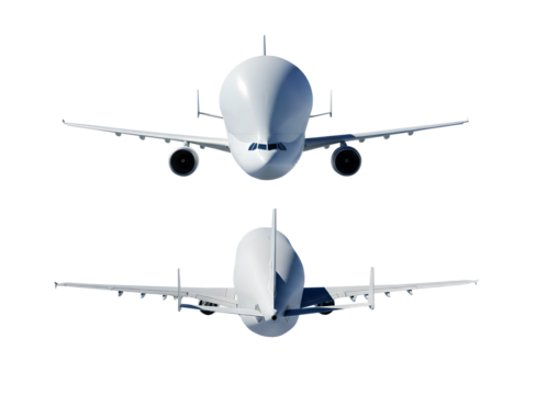 White cargo airplane Airbus Beluga A300-600ST Super Transporter front and back view angle isolated on a transparent background