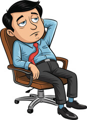 Cartoon, bored office worker, tired employee, workplace fatigue, man in chair, stress, burnout, corporate life, lazy mood, business attire