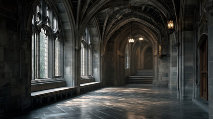 Gothic Academic Hallway with Arched Stone Ceilings