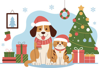 A happy dog and cat wearing Santa hats sit next to a decorated Christmas tree.