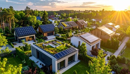 Aerial view showcases modern houses with solar panels and green roofs in a suburban setting