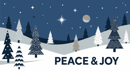 Peace and Joy holiday greeting card with a snowy forest scene under a starry night sky.