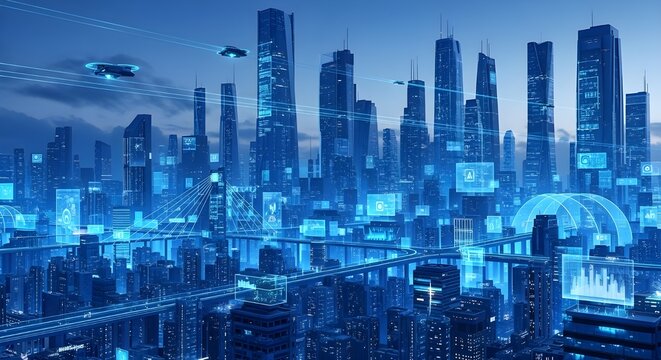 A futuristic cityscape with tall skyscrapers, flying vehicles, and digital displays, showcasing advanced technology and urban development.