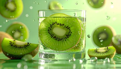 Refreshing Kiwi Drink with Slices and Bubbles in a Glass
