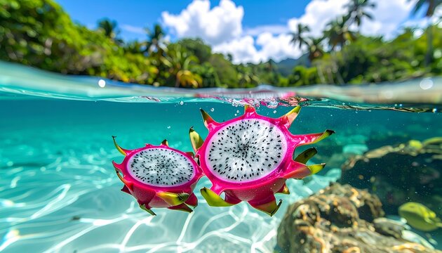 Exotic dragon fruit cut in half floating underwater in a clear turquoise ocean with a tropical island paradise