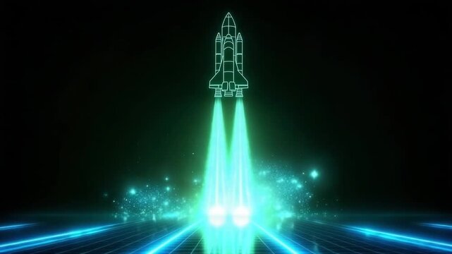 A neon-green rocket blasting off with turquoise exhaust against a dark, grid-like background.