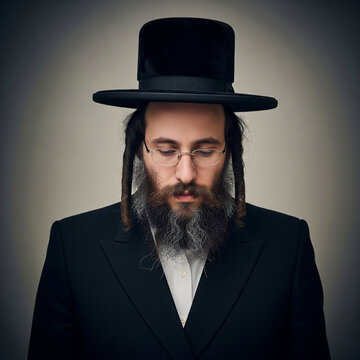Portrait of Orthodox Jewish man with beard and peyot sidelocks. He wears traditional black fedora, suit, and glasses. Traditional Hasidic style.﻿
