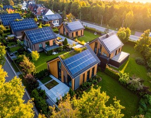 Aerial view showcases modern houses with solar panels and green roofs in a suburban setting