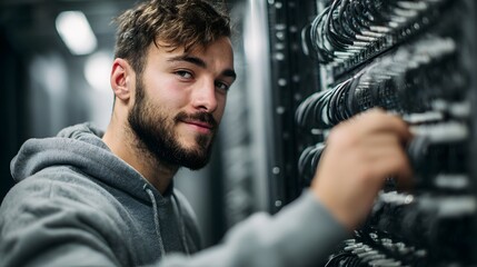 Young IT technician in a grey hoodie works with network cables in a server room