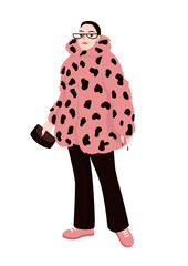 Fashionable woman in pink leopard print faux fur coat holding clutch and wearing black pants and sneakers isolated on white background