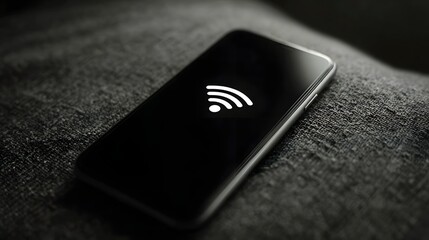 A modern smartphone displays a glowing white Wi Fi symbol on its dark screen indicating network connectivity