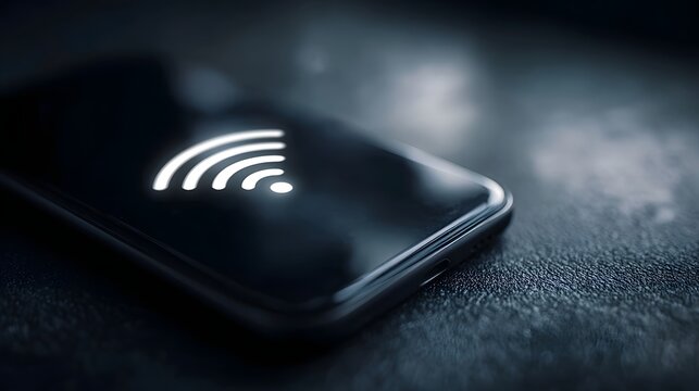 Glowing Wi Fi symbol displayed on a dark smartphone screen with a shallow depth of field