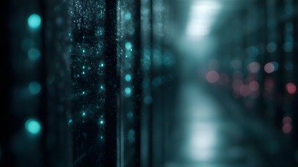 Fototapeta premium Abstract view of server racks with glowing blue and red lights in a data center