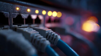 A close up view of network cables plugged into a switch with illuminated status LEDs