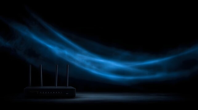 A black wireless router with antennas emits glowing blue waves against a dark atmospheric background symbolizing connectivity