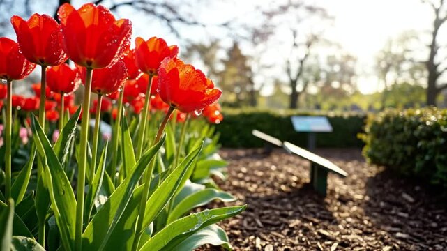 A beautiful garden with red tulips and a bench. The bench is empty. The garden is peaceful and serene