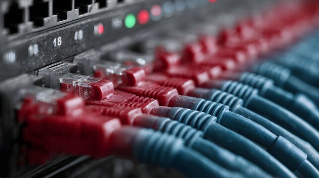 A close up view of numerous network cables predominantly red and blue plugged into a server switch with illuminated status LEDs