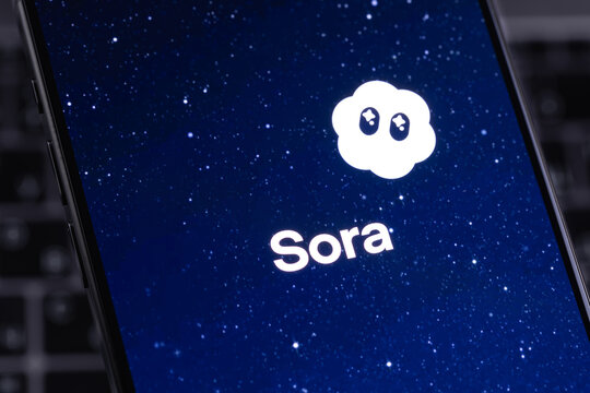 Sora mobile app on a screen closeup smartphone iPhone. Sora is an AI model designed to generate full HD video from a short text description, developed by OpenAI. Batumi, Georgia - October 3, 2025