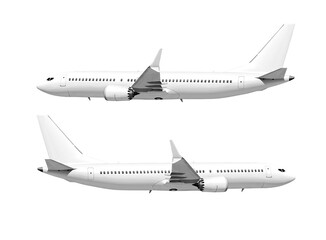 White airplane Boeing 737 Max 737-8 side view angle right and left isolated on a transparent background. Modern passenger jet airplane.