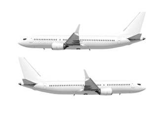 White airplane Boeing 737 Max 737-8 side view angle right and left isolated on a transparent background. Modern passenger jet airplane.