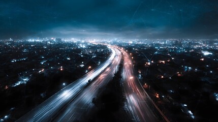 Futuristic smart city at night with illuminated highway traffic and overlayed digital network connections