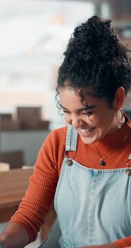 Ecommerce, laptop or entrepreneur with fist pump for sales increase, logistics or supply chain success. Small business, distribution target or happy woman with goal celebration, tech and dropshipping