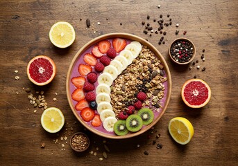 Colorful Smoothie Bowl with Fresh Fruit Granola and Lemon Slices