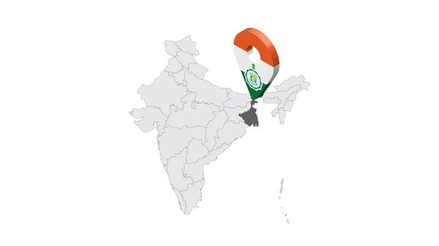 Location West Bengal on map India. 3d West Bengal State emblem map marker location pin. Map of India showing different parts. 4K.  Animated Video